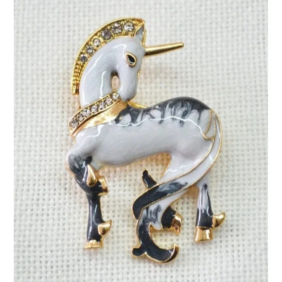 Enameled Unicorn Brooch Pin with Rhinestones – Whimsical & Sparkly Accent - Picture 1 of 2